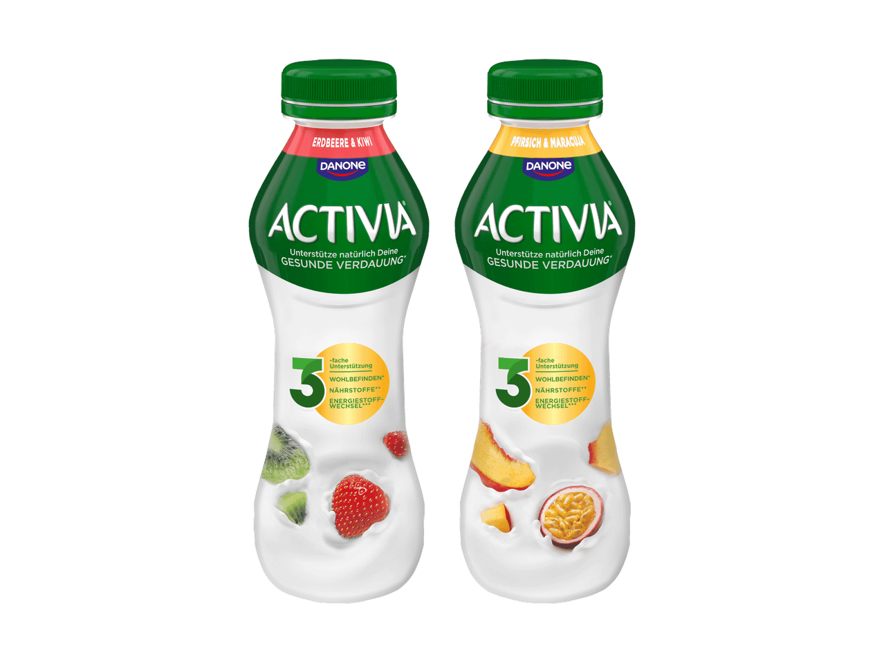 Zwei Activia Joghurtgetränke: Erdbeere & Kiwi und Pfirsich & Maracuja.