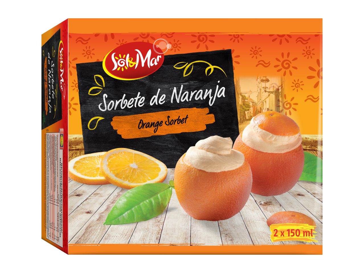 Orange sorbet in orange peels, with orange slices and a leaf on a wooden surface.