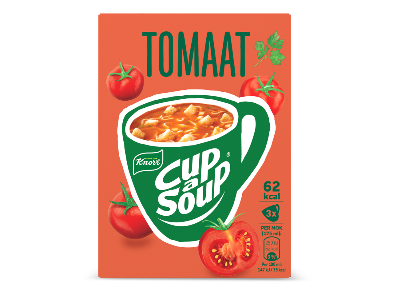 Verpakking tomatensoep met een kop soep, tomaten en peterselie, met voedingswaarden.