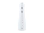 White oral irrigator with power, mode selection, and battery indicator lights.