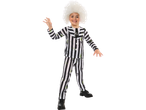 Child in a Beetlejuice costume with a black and white striped suit and white wig.