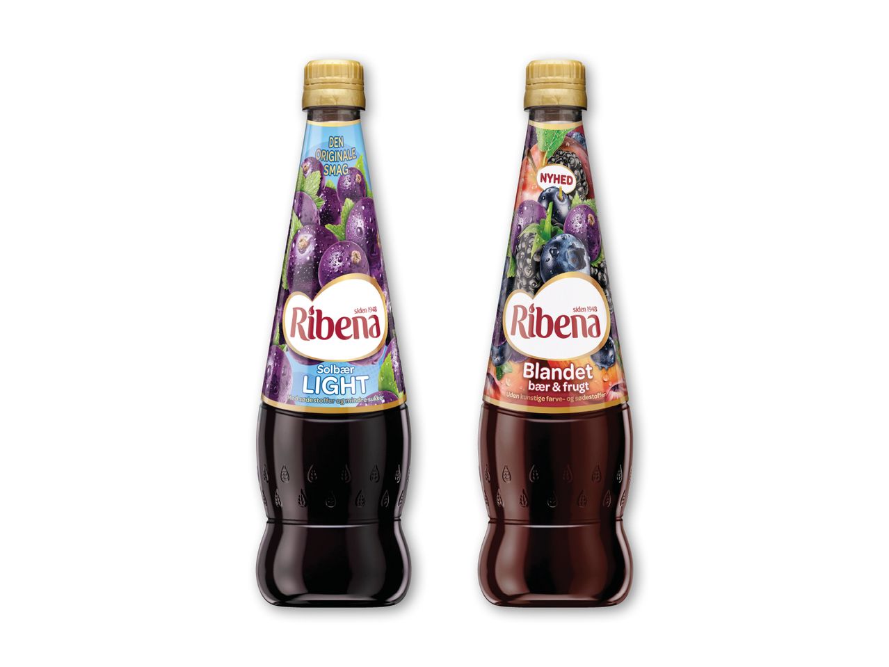 To flasker Choceur sirup, en blåbær og en fersken.