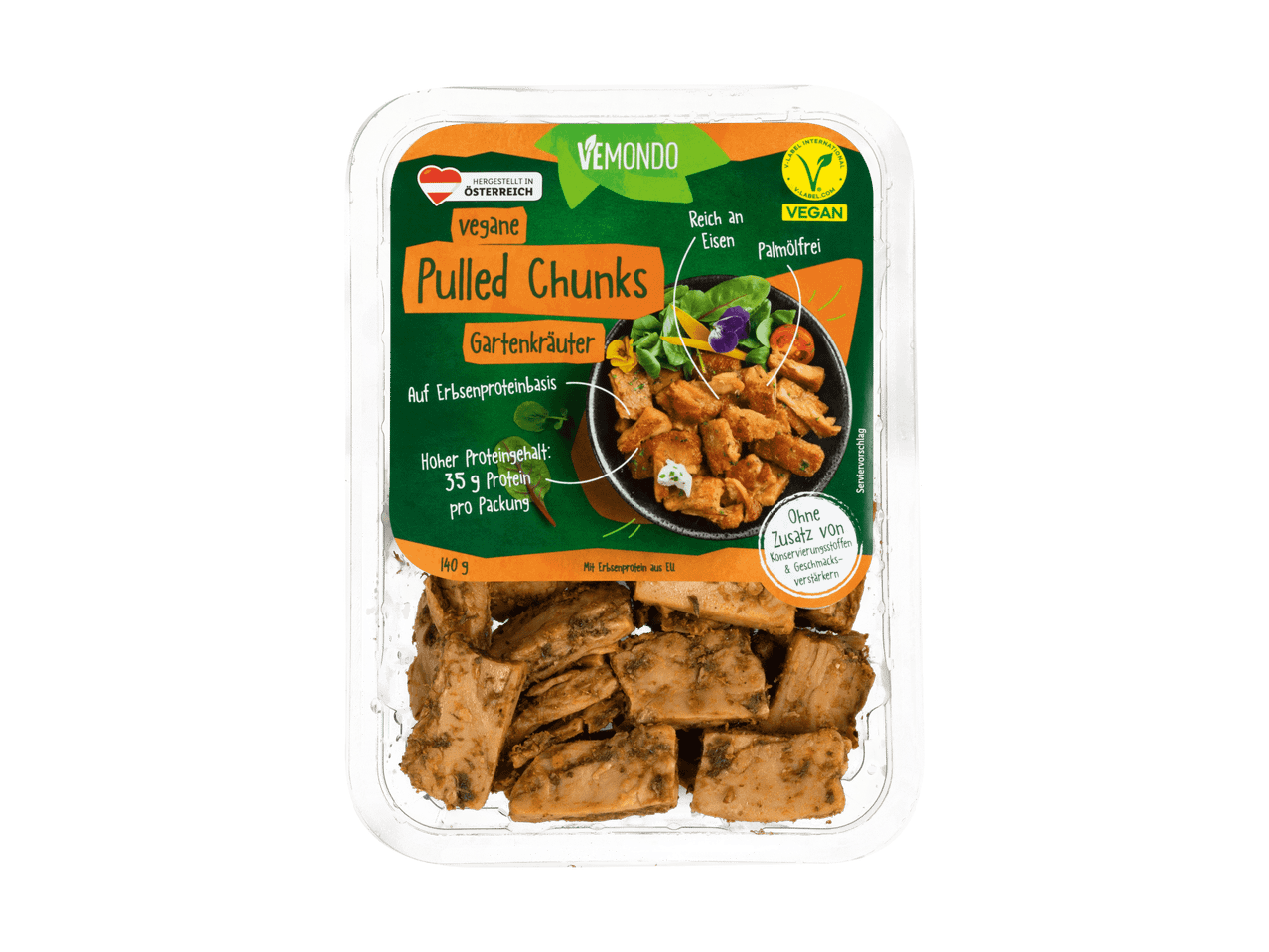 Eine Packung veganer Pulled Chunks von einem unbekannten Hersteller.