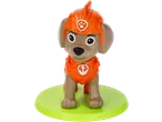 Cão de brinquedo com capacete e colete laranja, sobre uma base verde.