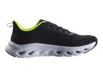 Black and neon green athletic shoe with a white sole and cut-out details.