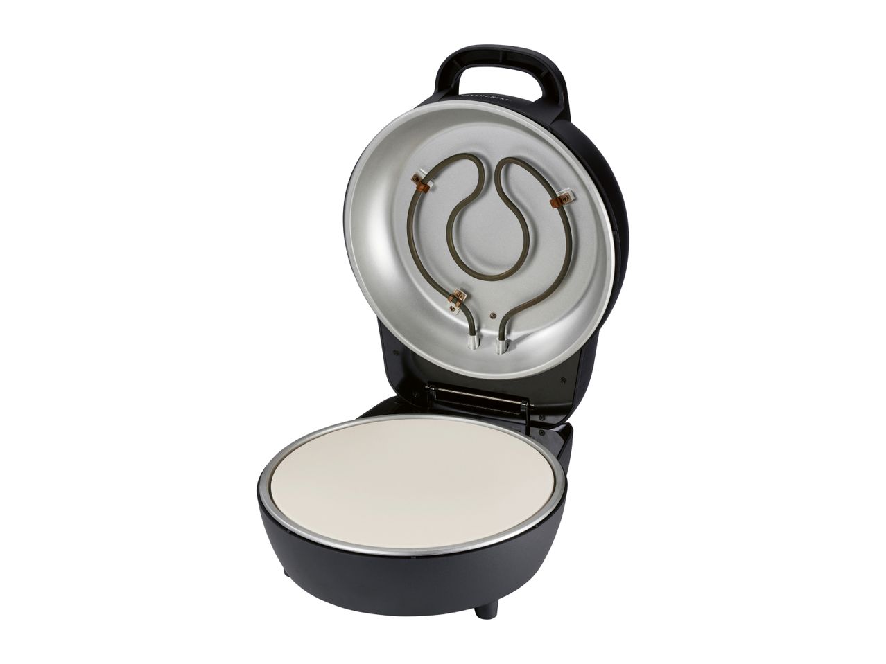 Open electric pizza oven with a ceramic baking stone and heating element visible.