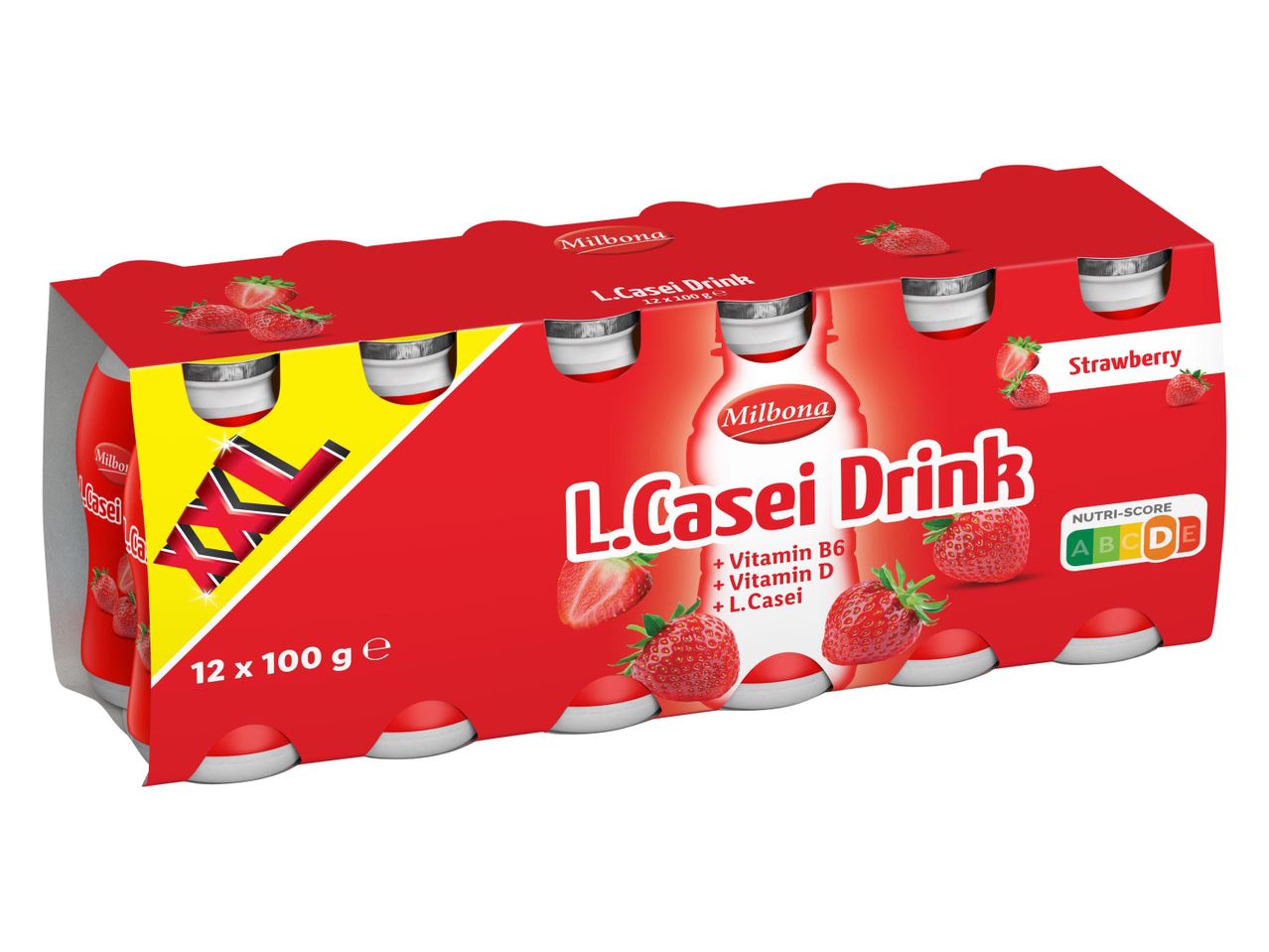 Milbona L.Casei Drink eper ízű joghurt ital 12 x 100g-os kiszerelésben.