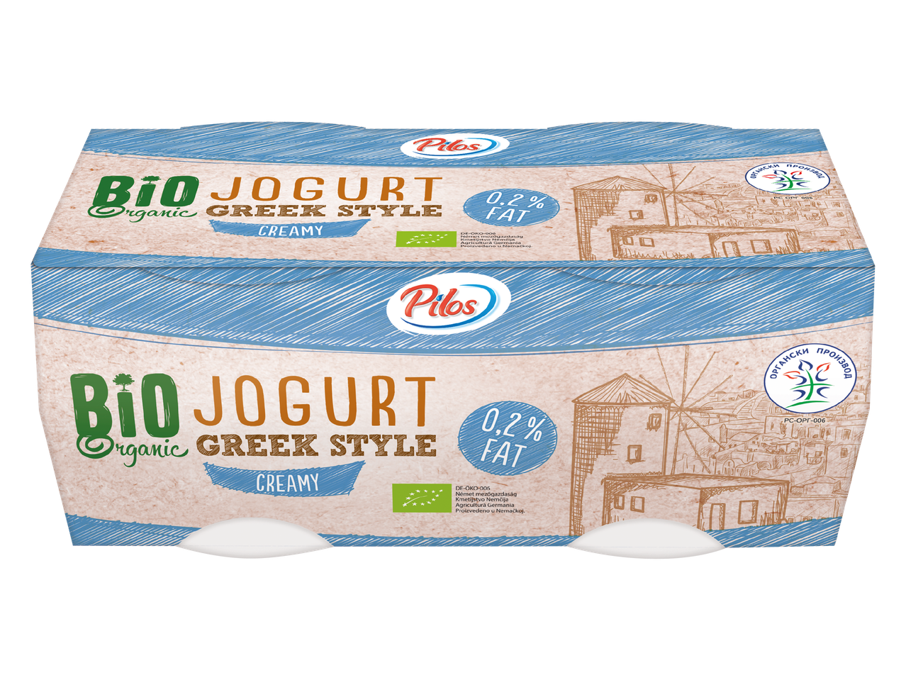Dvojno pakiranje organskega grškega jogurta z 0,2 % maščobe, kremastega stila.