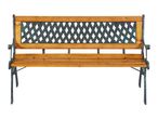 Garden bench with a wooden seat and backrest, and a metal lattice design.