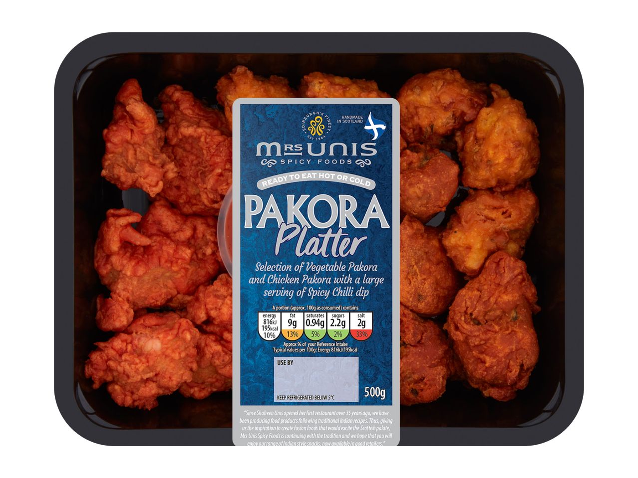 Pakora platter with vegetable and chicken pakora, spicy chilli dip, and nutritional information.