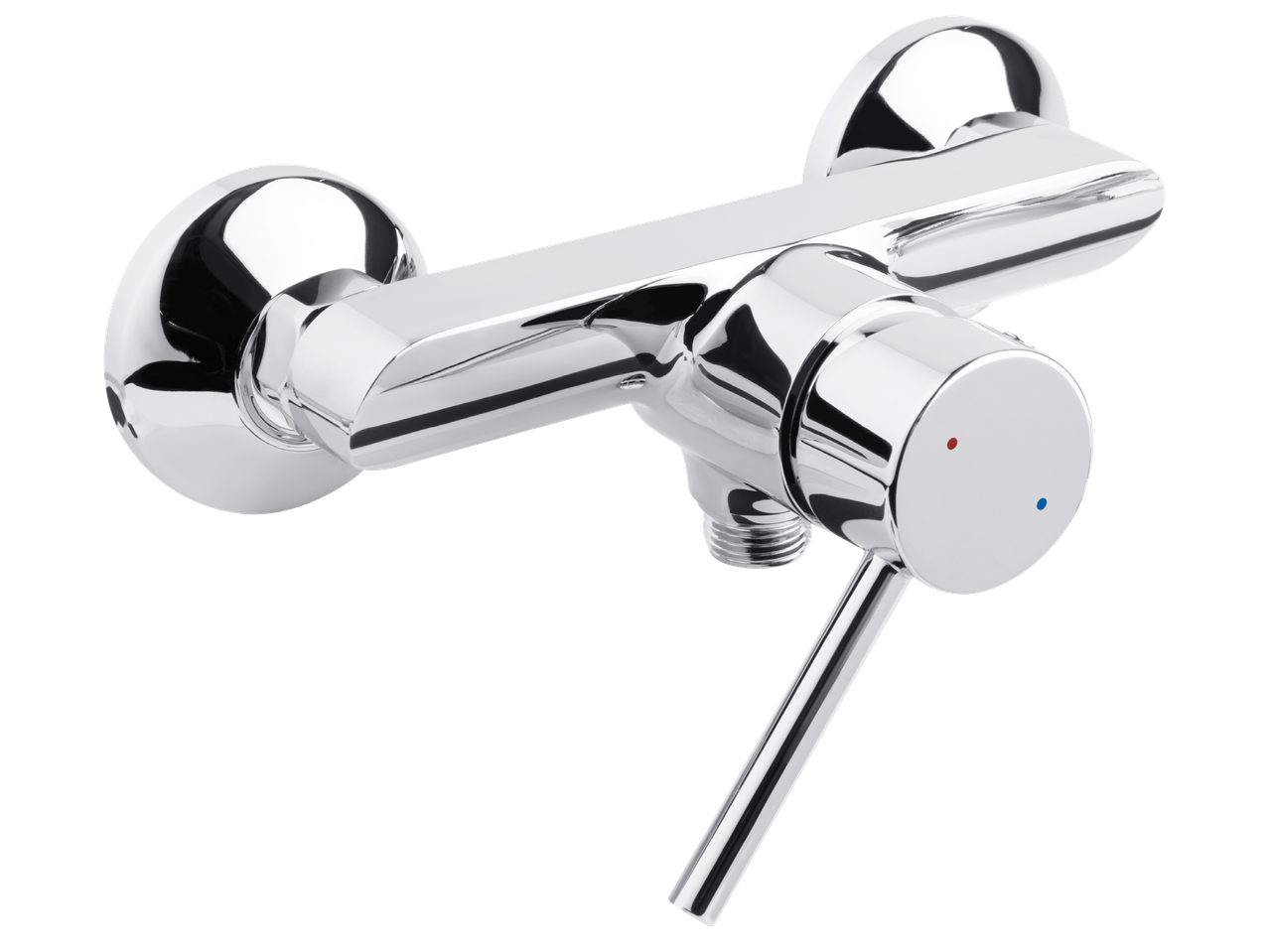 Хромиран смесител за душ с една ръкохватка и червени и сини индикатори.