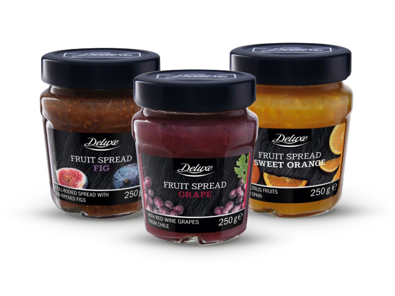 Deluxe voćni namazi od smokve, grožđa i slatke naranče u staklenkama od 250 g.