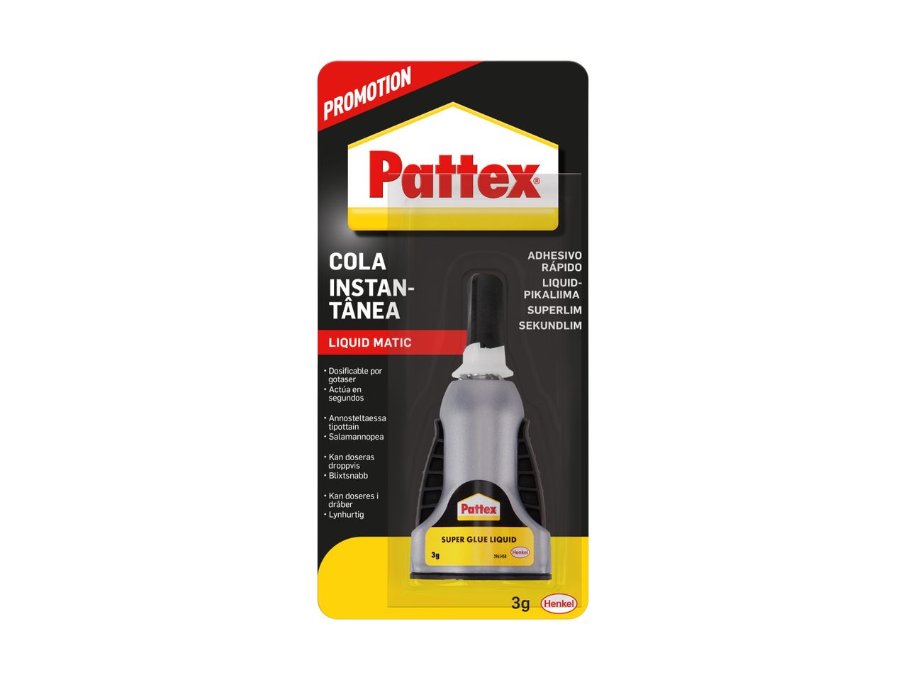 Pattex Super Glue Liquid 3g i en promotionsemballage.