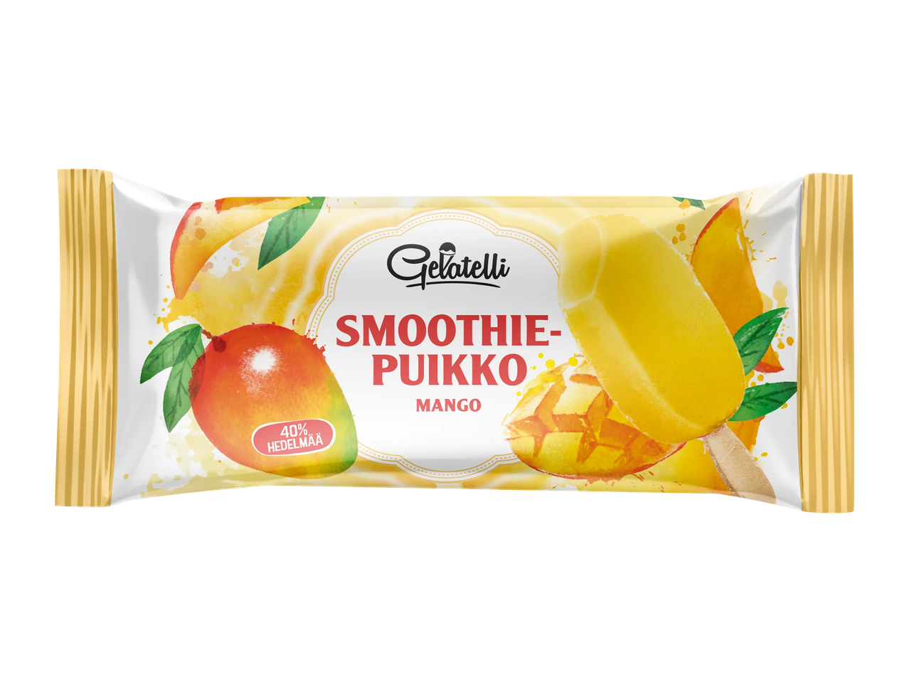 Mangosmoothie-puikko, jossa on 40% hedelmää, valkoisessa ja keltaisessa pakkauksessa.