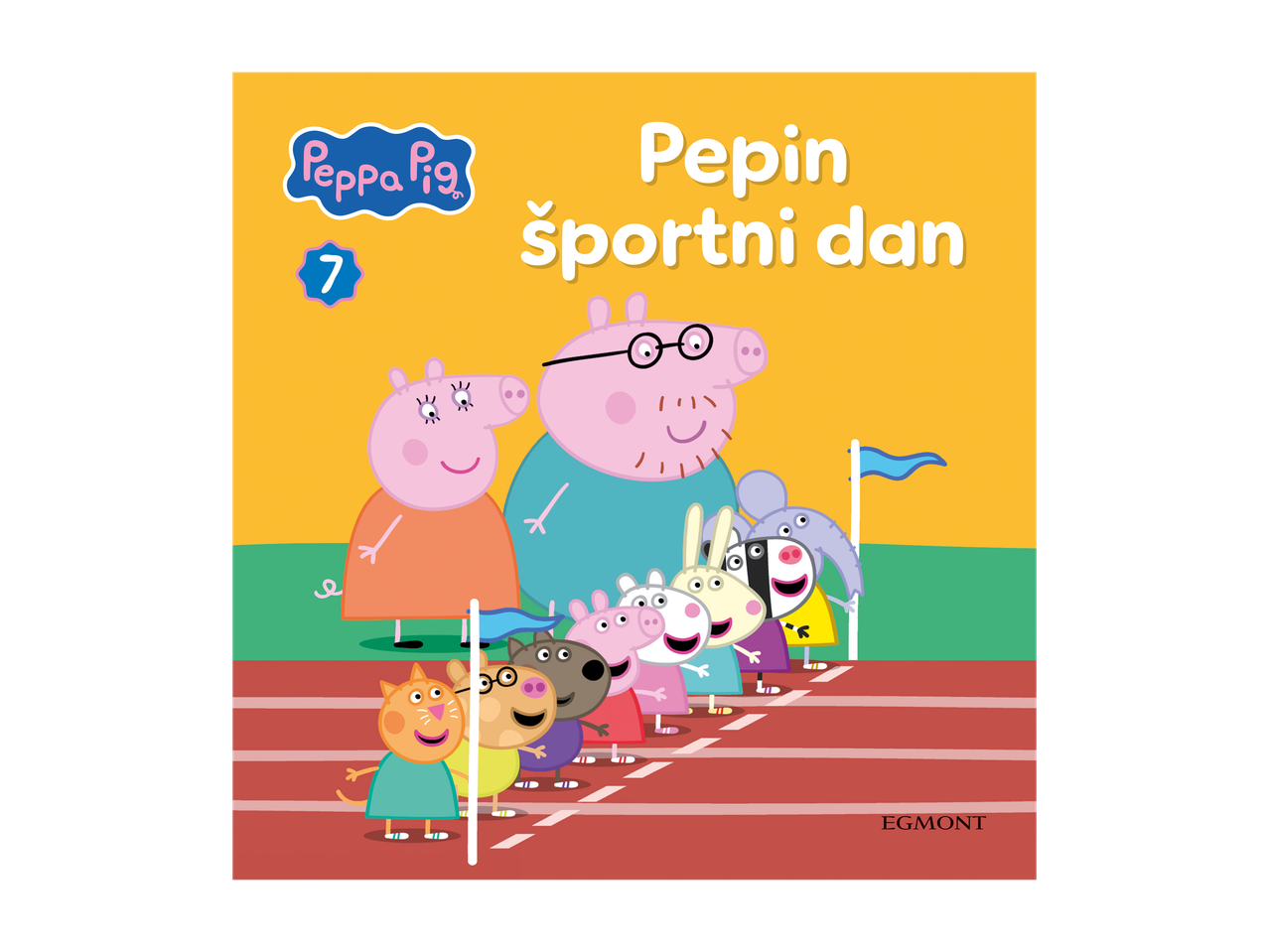 Peppa Pig knjiga s številko 7, ki prikazuje Peppo, Georgea in prijatelje na športnem dnevu.