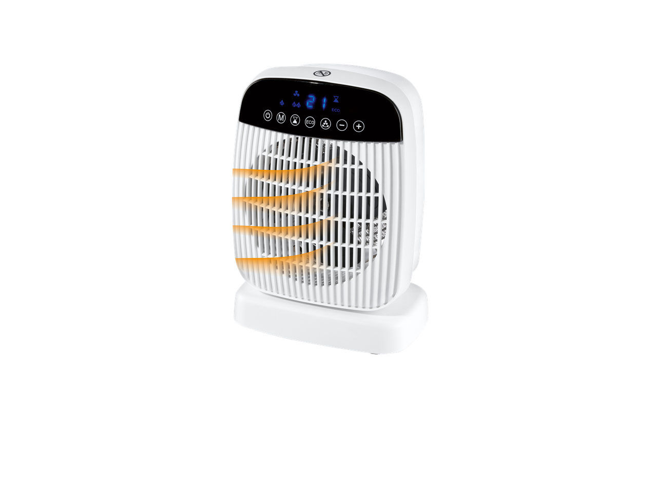 TRONIC® Fan Heater with digital display showing 21 degrees and orange heat lines.