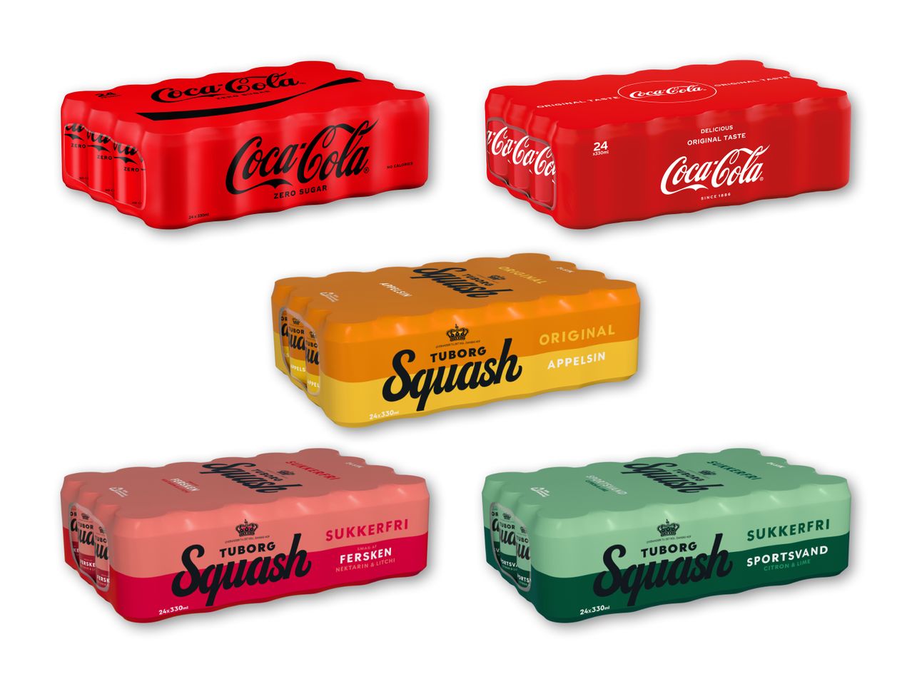 Coca-Cola og Tuborg Squash dåser i forskellige varianter.