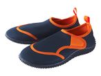 Pair of navy blue and orange water shoes with textured soles.