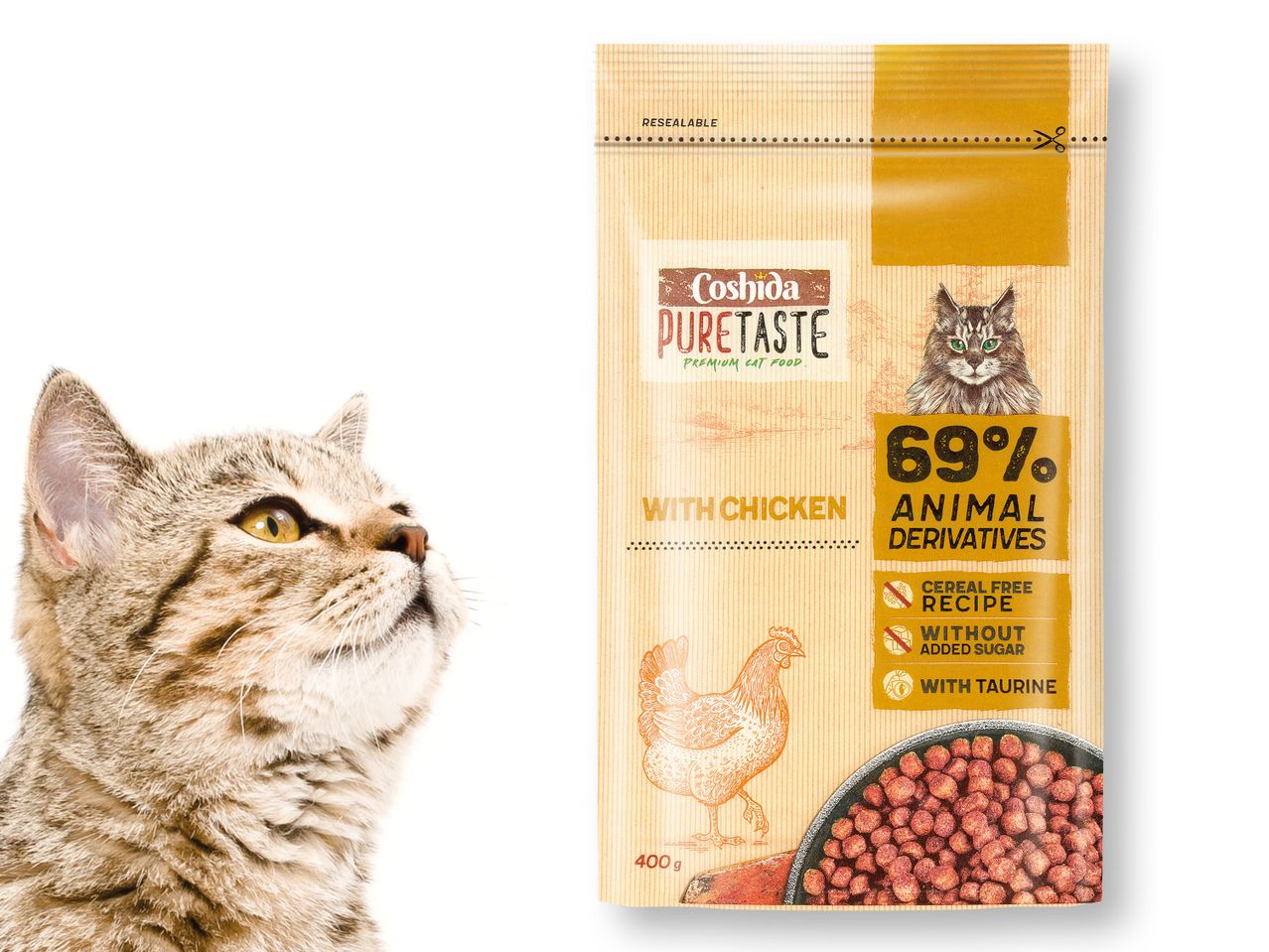 Котешка храна Coshida PureTaste с пиле, без зърнени култури, без добавена захар.