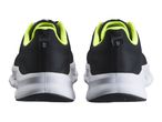 Pair of black and neon green athletic shoes with white soles, seen from the back.