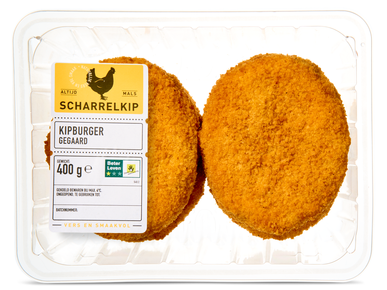 Twee gepaneerde Scharrelkip kipburgers in een plastic schaal.