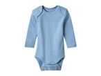 Light blue long-sleeved baby bodysuit with snap closures