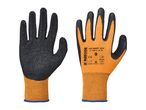 Pair of orange and black work gloves with textured grip and product information.