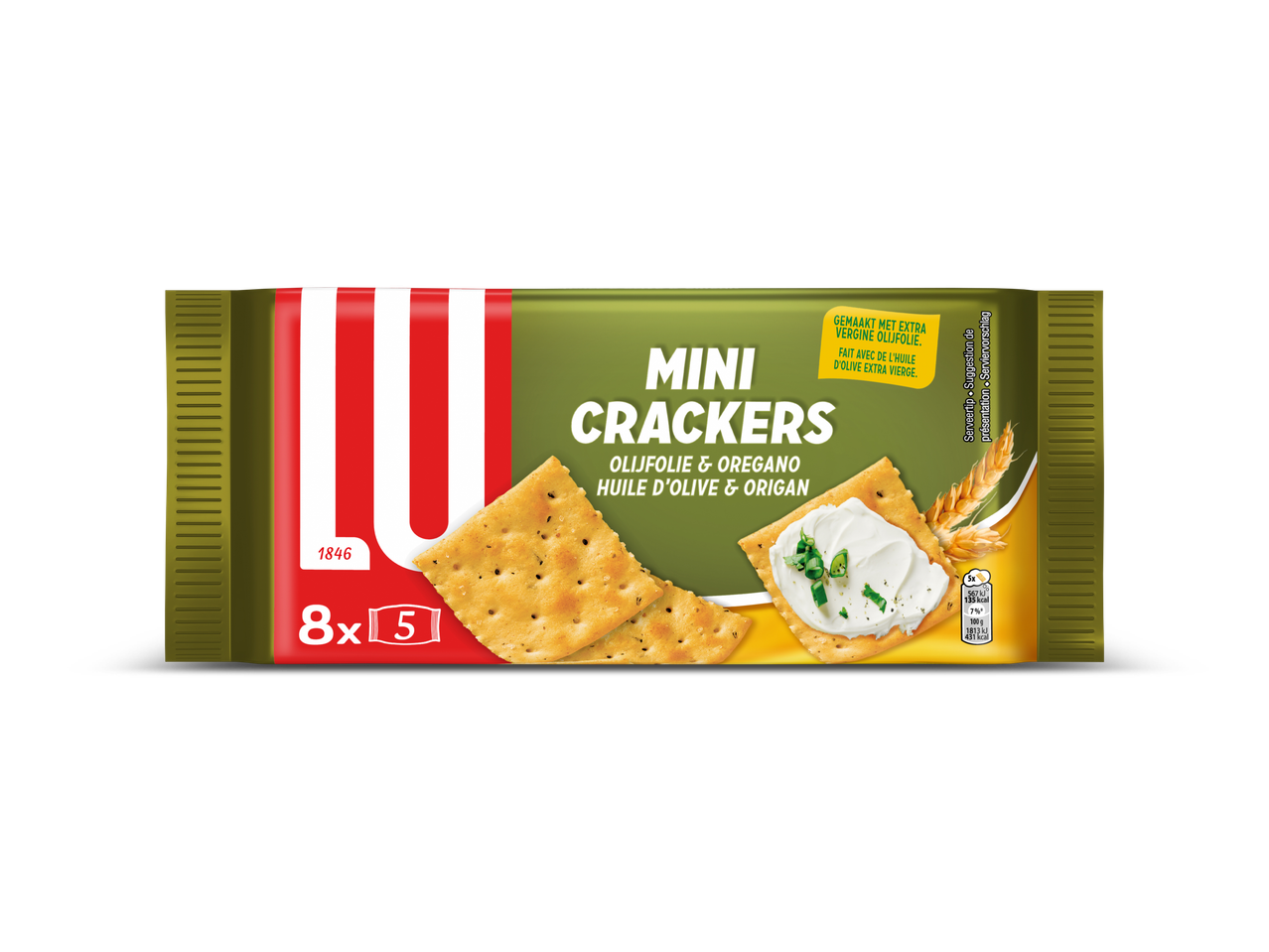 LU Mini Crackers met olijfolie en oregano, 8 pakjes van 5 crackers.