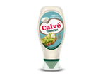 Fles mayonaise met magere yoghurt, met een afbeelding van avocado toast en voedingswaarden.