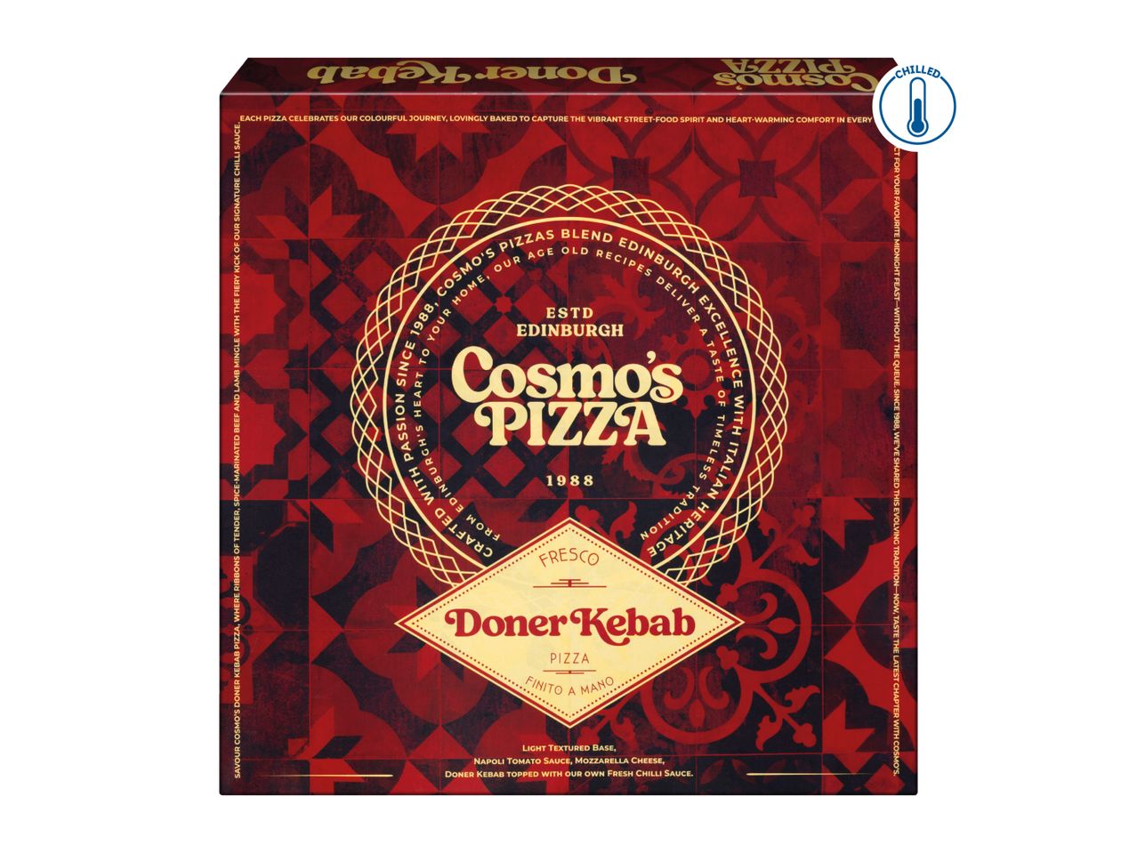 Chilled Doner Kebab Pizza box with a red and gold pattern, featuring text about its heritage.