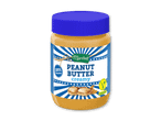Krukke med cremet jordnøddesmør med en blå etiket, der angiver 100 % jordnødder og vegansk.