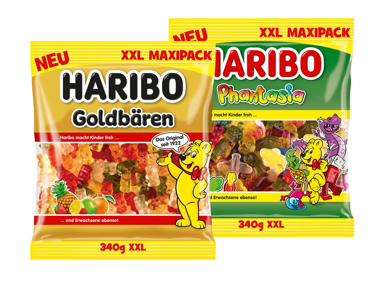 Zwei XXL Haribo Maxi Packs: Goldbären und Phantasia Gummibärchen.
