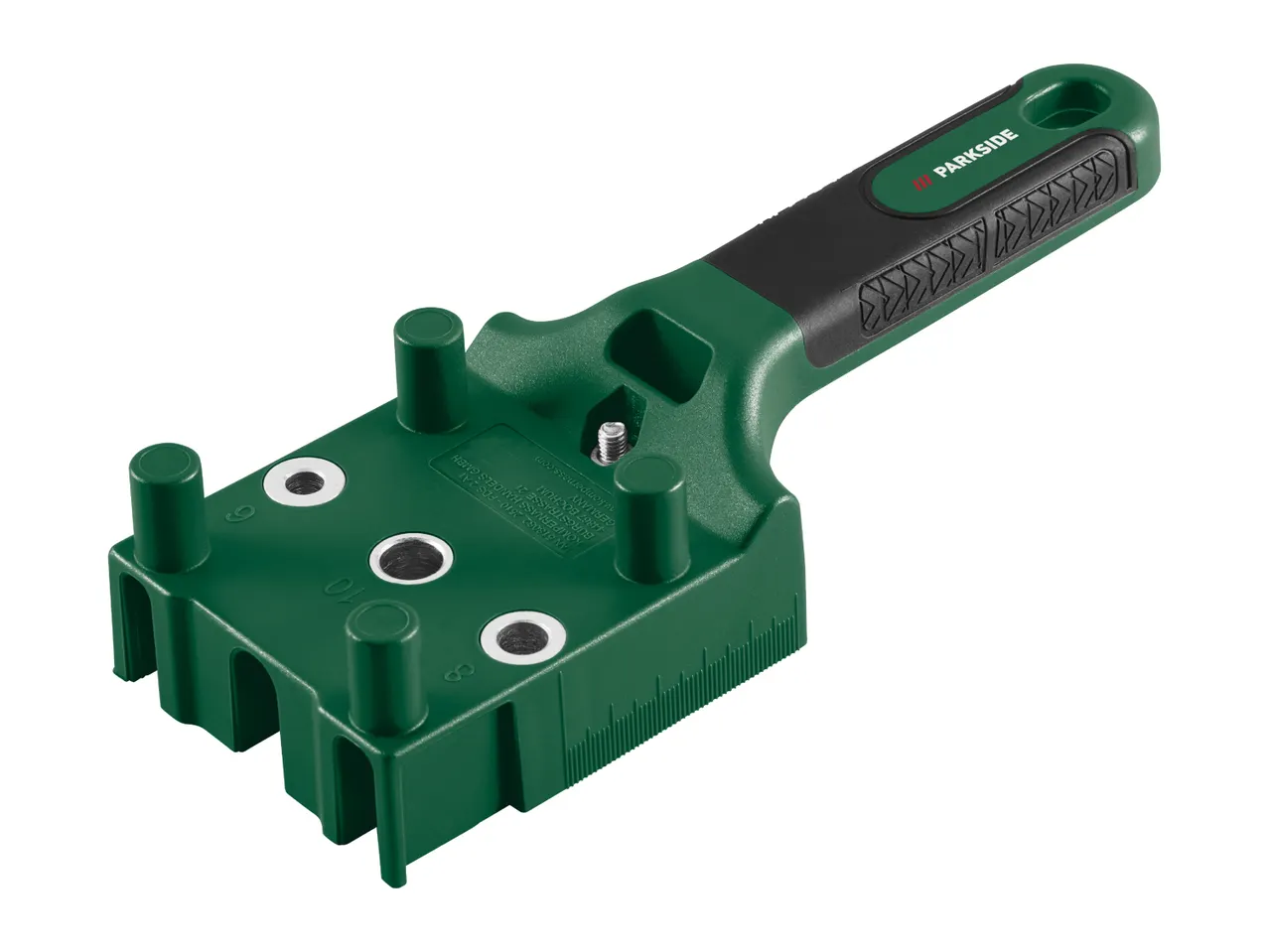 Green drilling jig with handle, featuring drill guides for 8, 9, and 10mm holes.