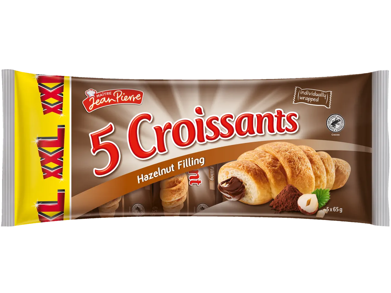 Maitre Jean Pierre 5 croissante cu umplutură de alune, ambalate individual.