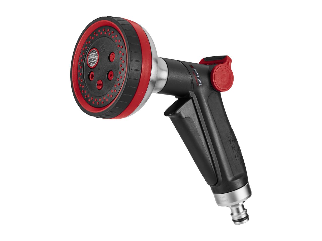 Black and red garden spray gun with multiple spray patterns and a quick-connect fitting.