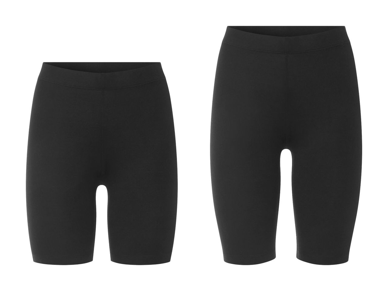 Zwei schwarze Radlerhosen, eine große und eine kleine.