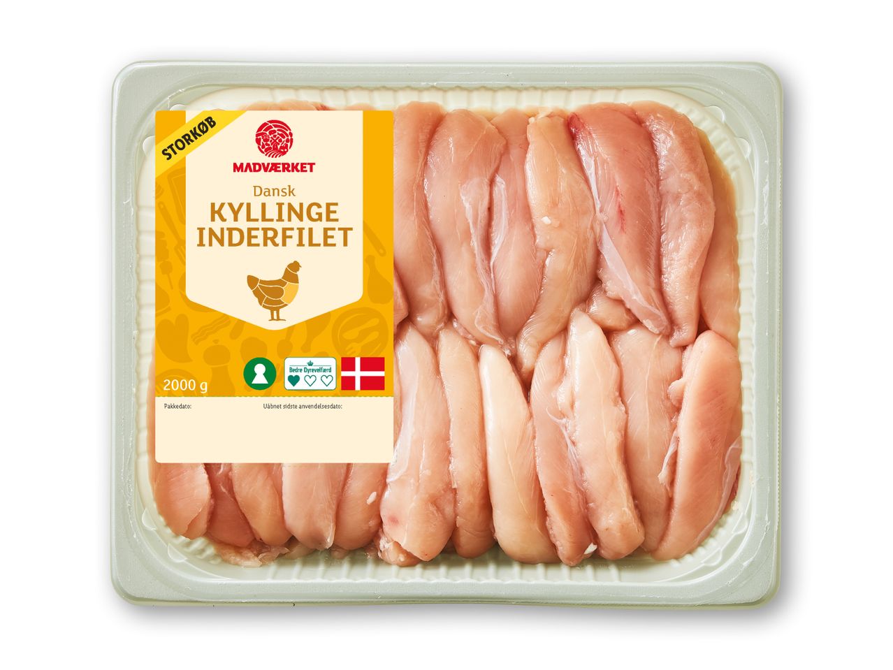 Bakke med rå kyllingeinderfilet, mærket som 'STORKØB' og 'Danish KYLLINGE INDERFILET'.