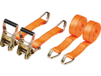 Orange ratchet tie-down straps with metal hooks and ratchets, and two rolled straps.