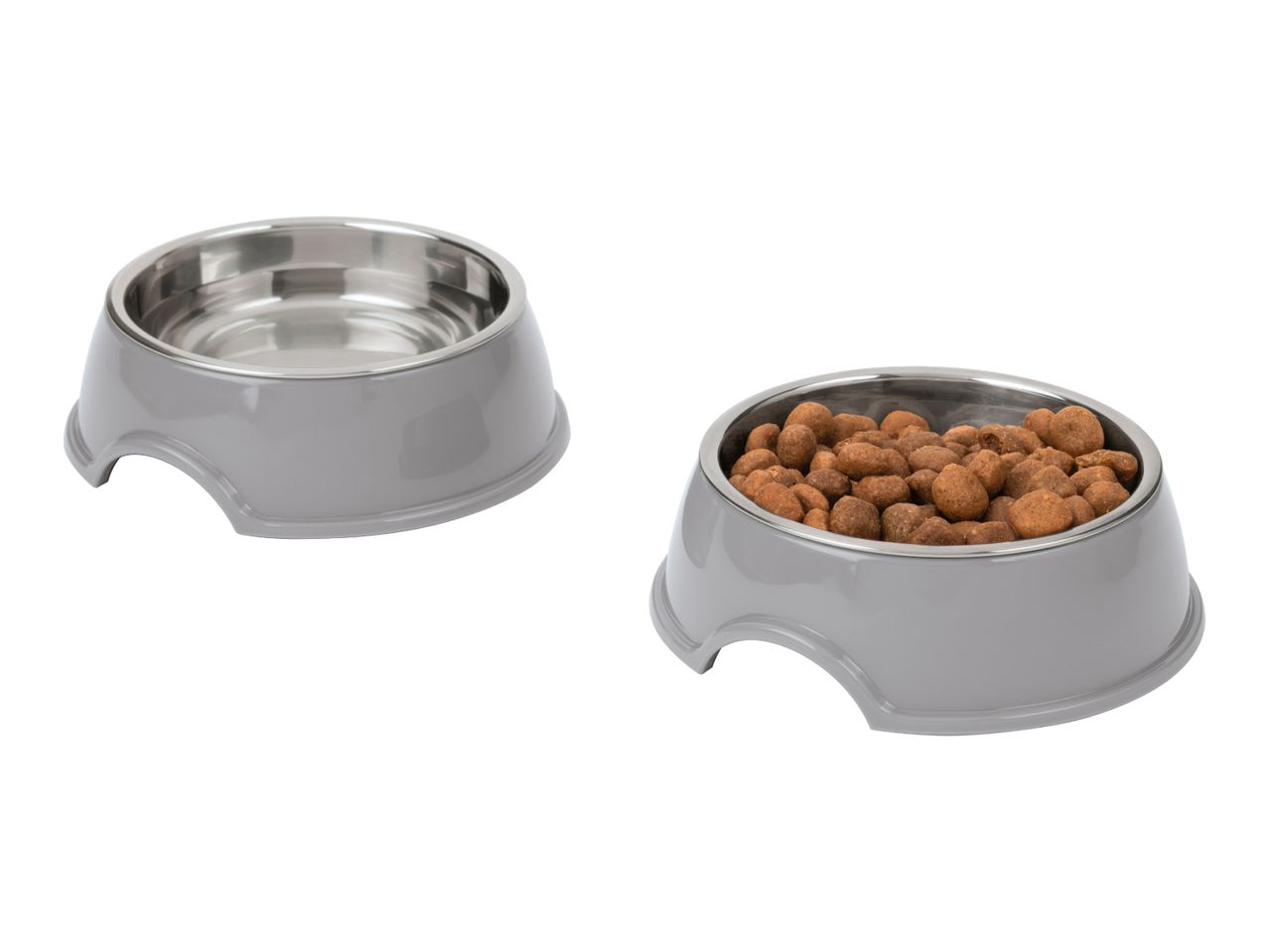 Two grey pet bowls with stainless steel inserts, one empty and one filled with dry food.