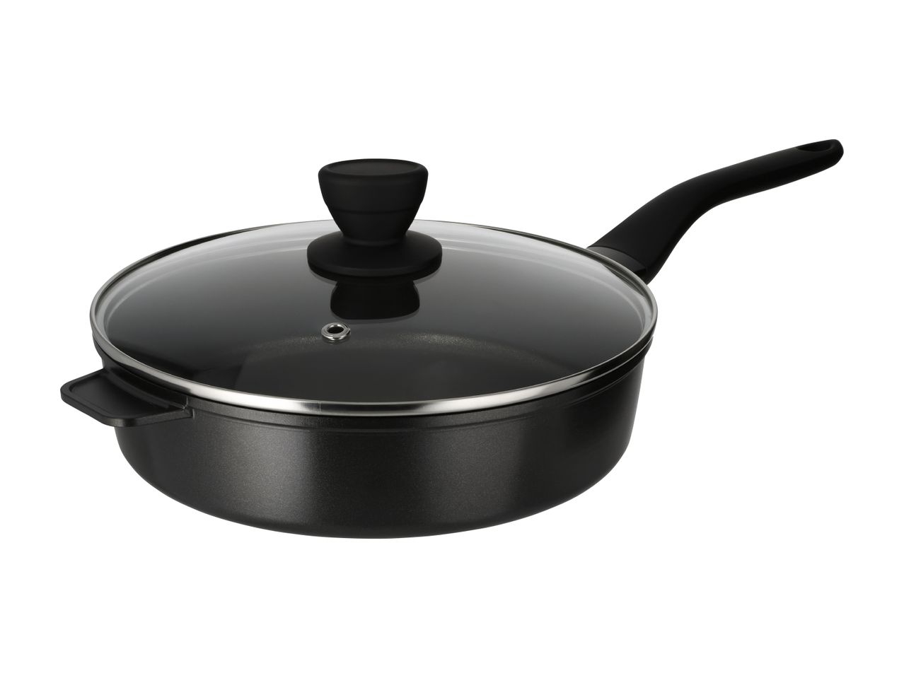 Black frying pan with a glass lid and a long handle