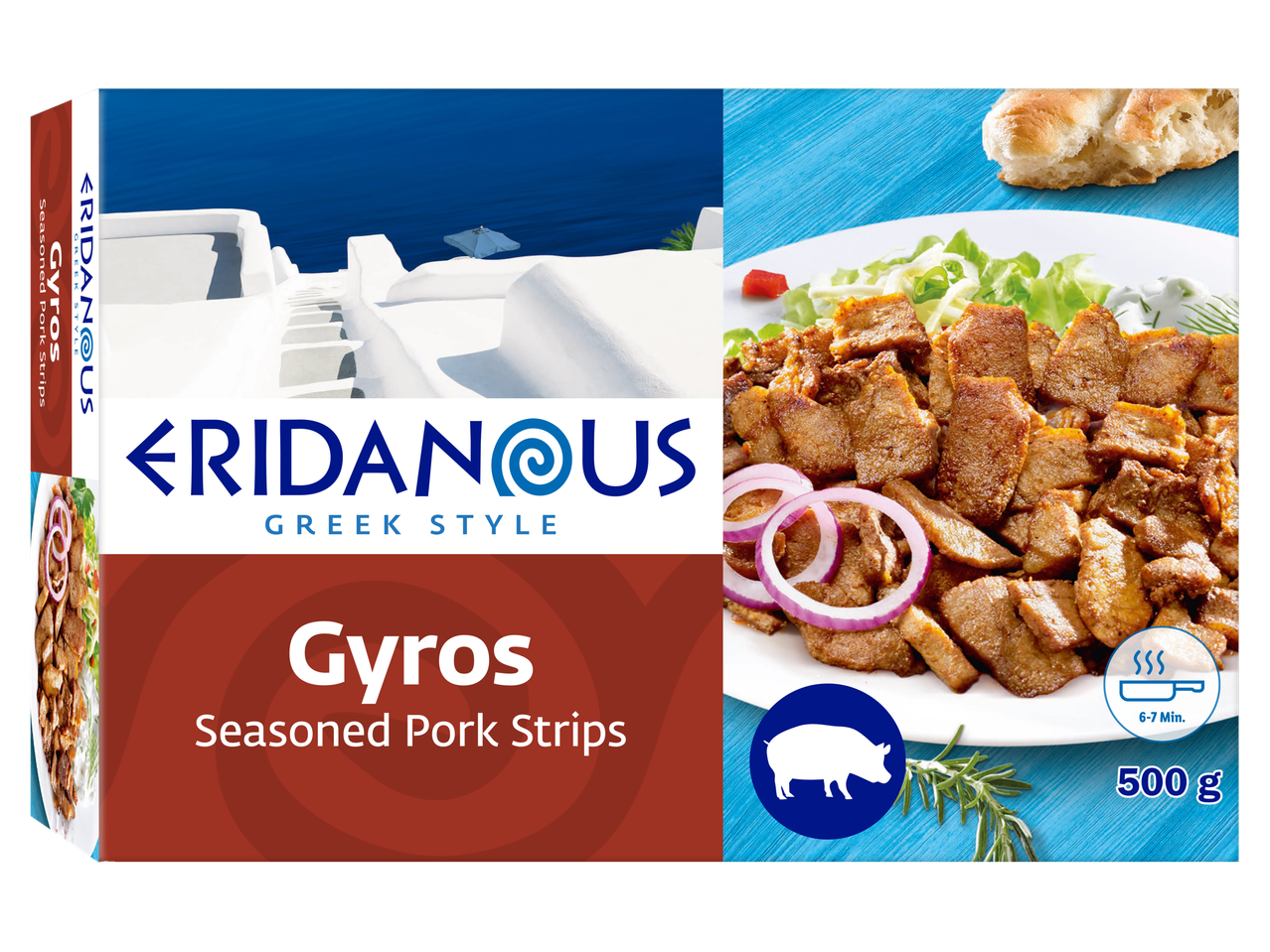 Eridanous Gyros, marinerede svinekødstrimler, græsk stil.