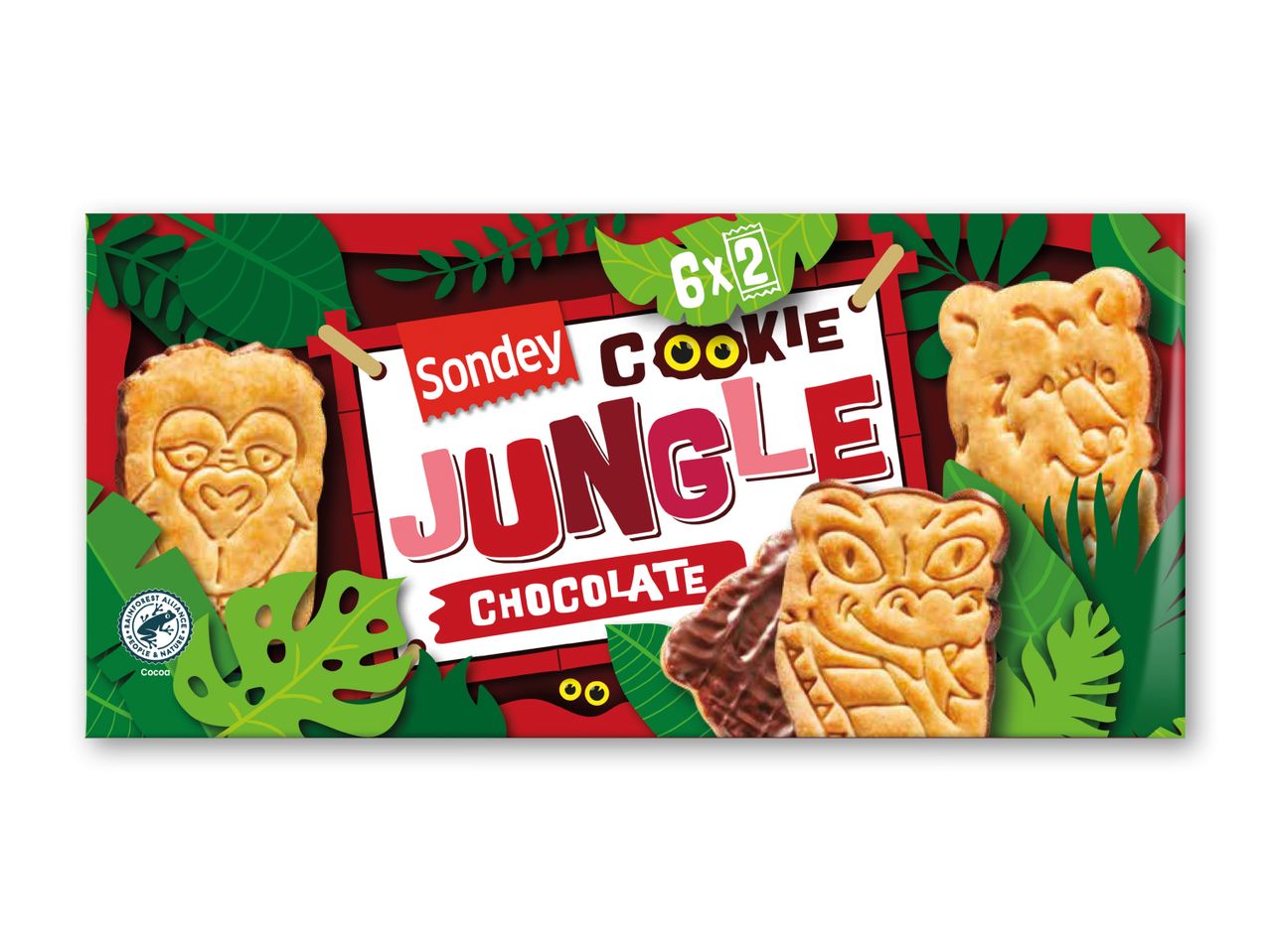 Sondey Cookie Jungle chokoladekiks i en jungle-inspireret æske.