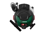 Top view of a wet and dry vacuum cleaner with power cord and attachments