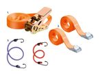 Orange surringsremme med skralde og spænder samt elastiksnore med kroge.