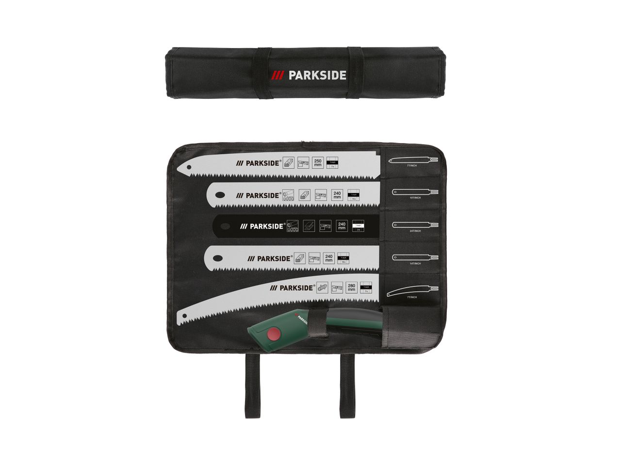 Parkside saw blade set with carrying case.
