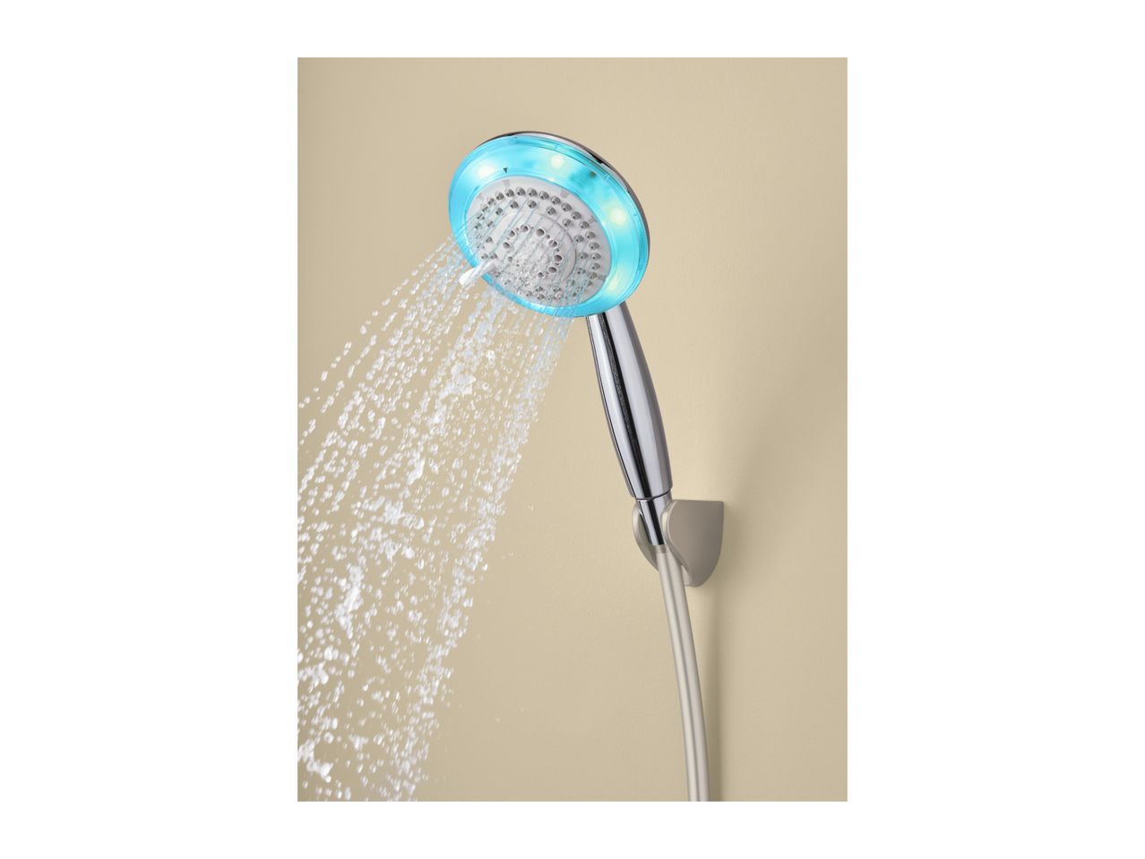 Handheld shower head with blue LED lights and water spraying out
