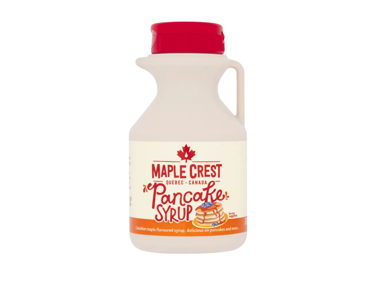 Maple Crest Pancake Syrup bottle with a red cap and a label showing pancakes.