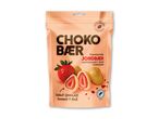 Pose med frysetørrede jordbær dækket med karamel og hvid chokolade.