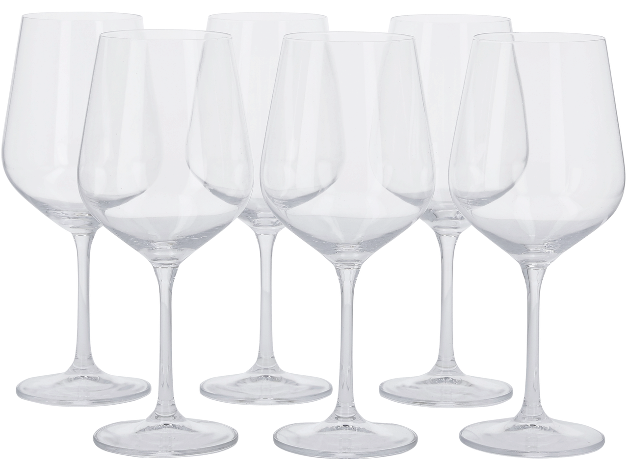 Sešas elegantas vīna glāzes ar gariem kātiem un platām bļodām, izvietotas uz melna fona.