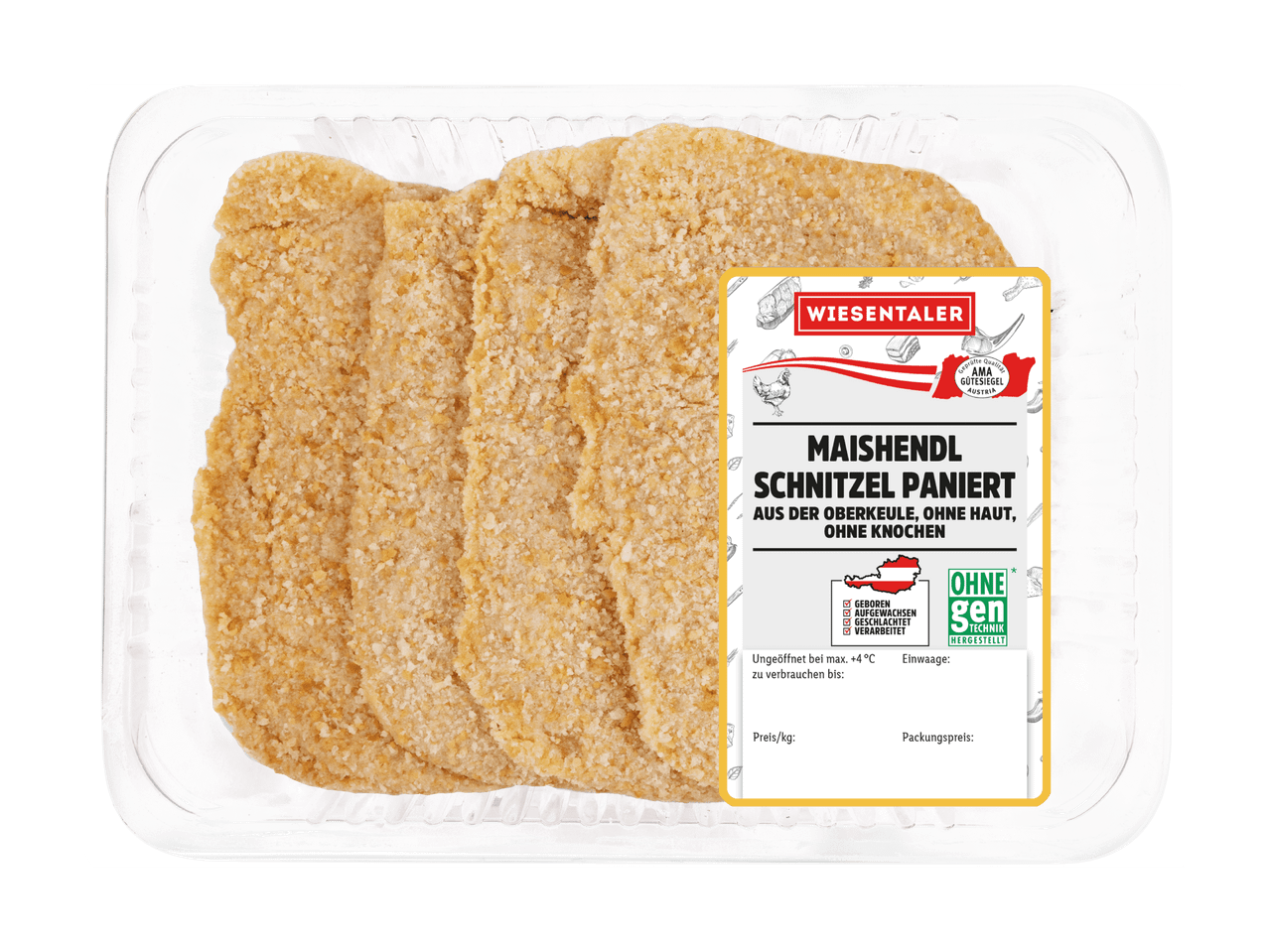 Panierte Maishähnchenschnitzel in einer durchsichtigen Verpackung mit Etikett.
